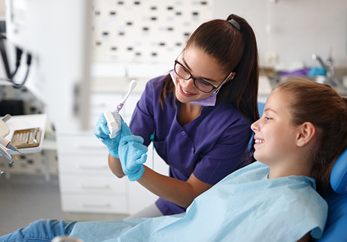 Dentist showing a child a model of the teeth