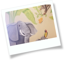 Wall art of an elephant and a macaw